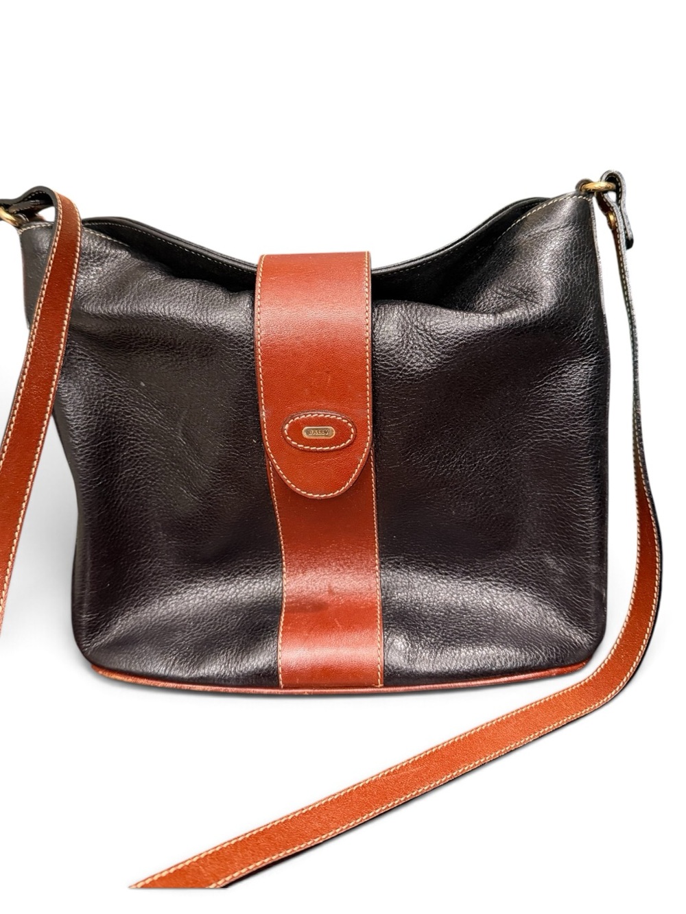 Vintage Bally Black Cognac Two Tone Leather Crossbody Shoulder Bag Italy